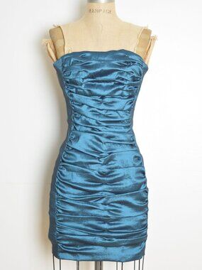 vintage Y2K party dress Jessica McClintock blue satin ruched short mini prom XS